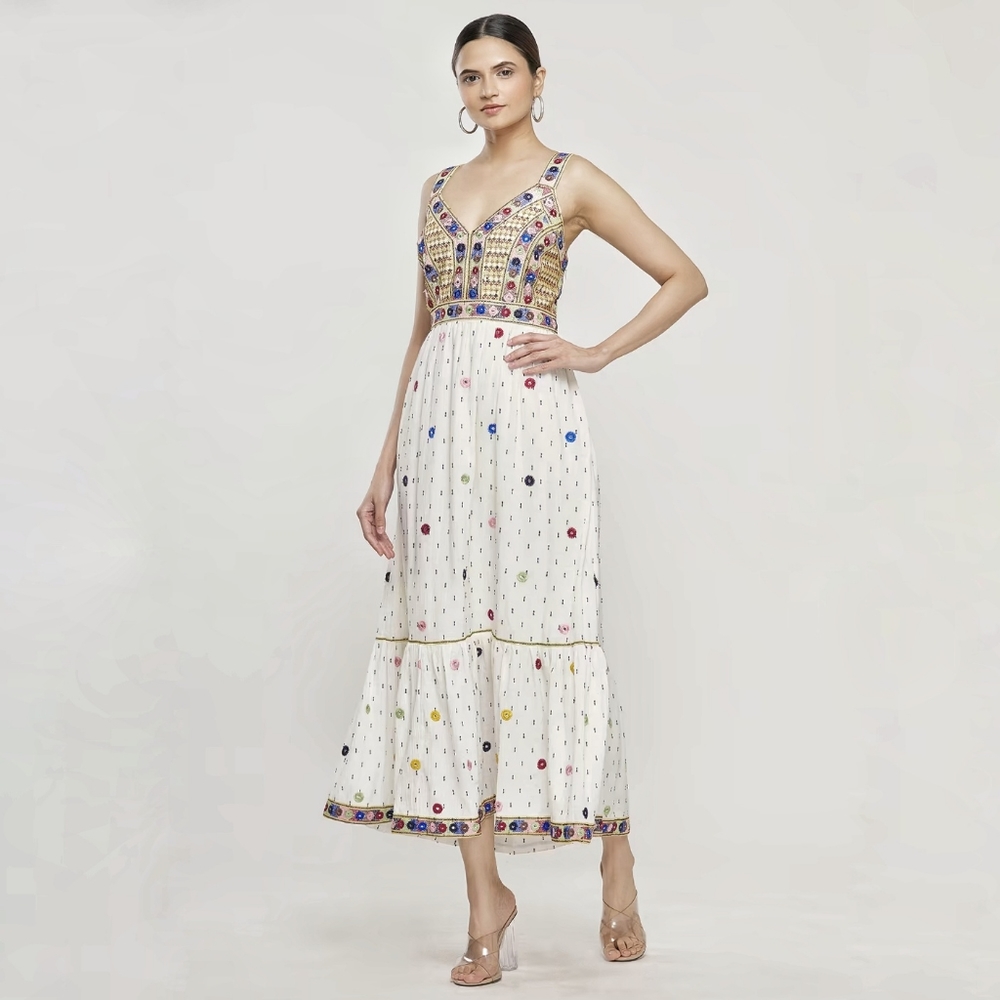 Payal Pratap Norah Embellished Embroidered Linen Midi Dress | Size 4